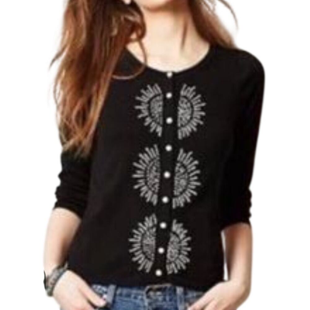 Anthropologie Black Cardigan with Silver Sunburst Embroidery